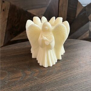 VINTAGE ANGEL GUARDIAN FIGURE CREAM CANDLE Scripture Scrolls,Trumpet Paint tray
